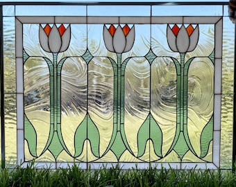 Custom Red Tulip Stained Glass | English Floral Window Panel | Classic Transom Suncatcher