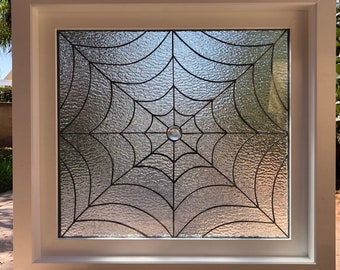 Unique Spider Web Leaded Stained Glass Window Insulated and Pre-installed in Vinyl Frame - Customizable Item#133