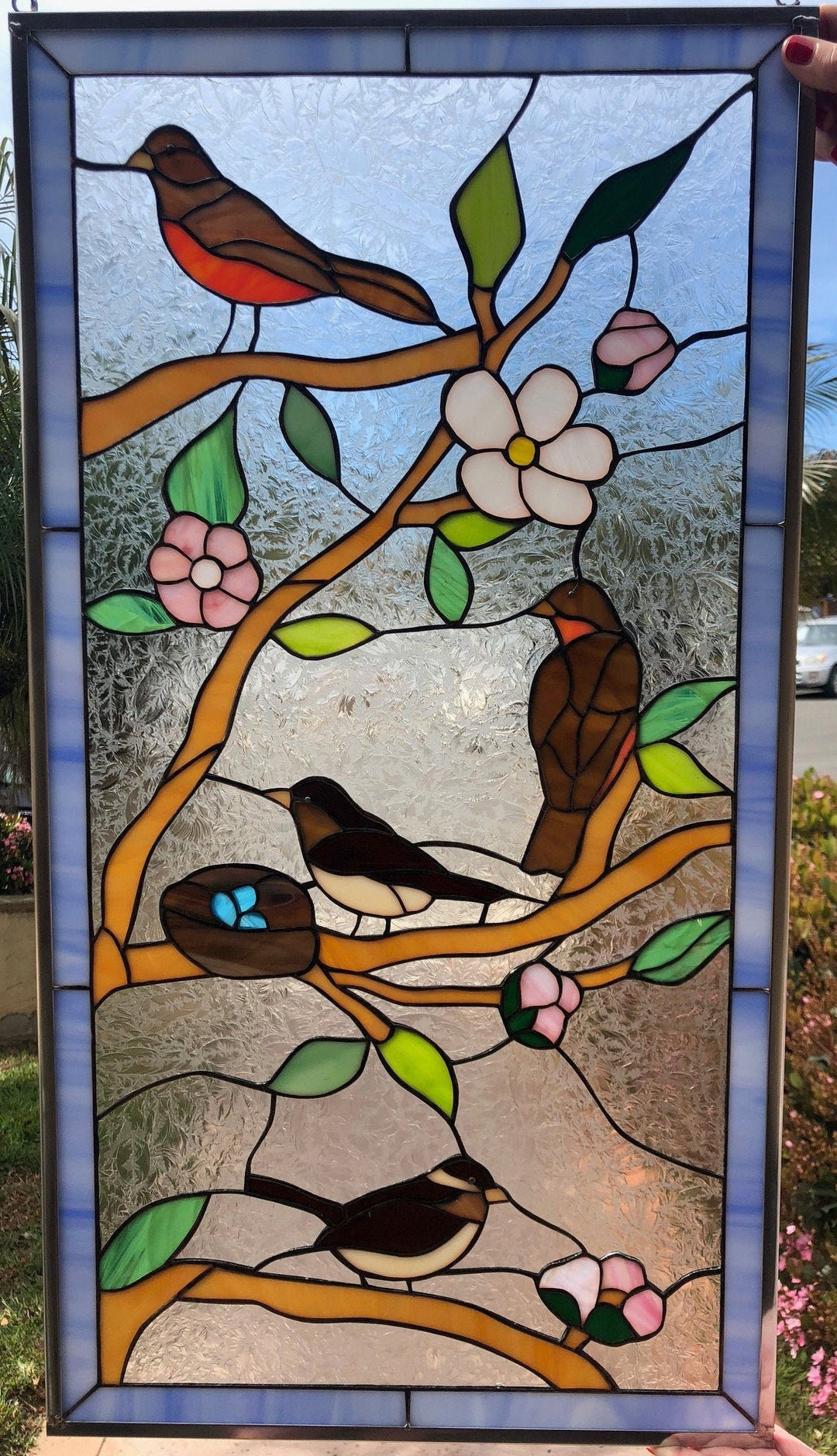 Birds & Blossoms Leaded Stained Glass Window Panel Cardinal