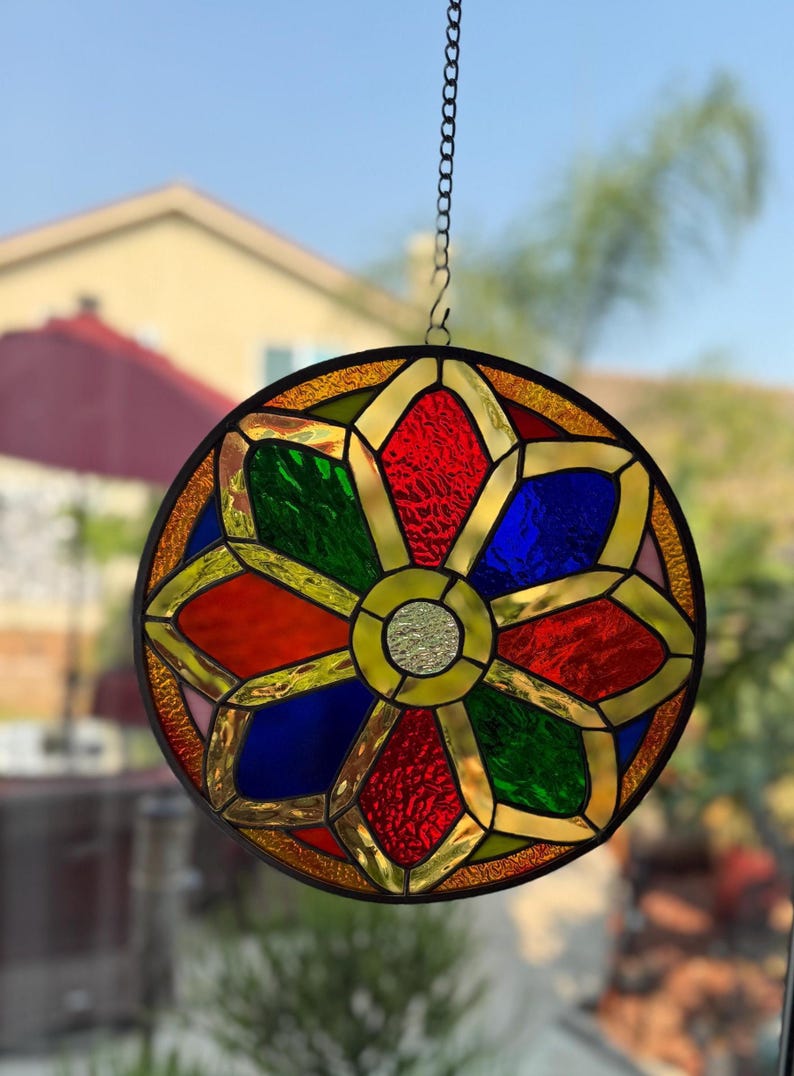 Cathedral Rose Suncatcher Stained Leaded Glass Window - Thumbnail 5