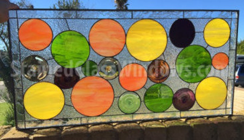 Rondel and Circles Stained Glass Window Panel, Hangings, Transom Colorful Circle Shapes Stained Glass Art Decor Customizable Item103 image 1