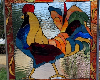 Colorful Rooster Stained Glass Window Panel Cabinet Inserts - Hen, Chicken, Bird Stain Glass, Kitchen Garden Art - Customizable Item #3748