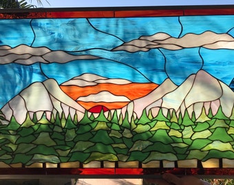 Green Forest & Sunset Kissed Sky - Leaded Stained Glass Window Panel - Stained Glass Art Decor Nature Mountains - Customizable Item # 12718
