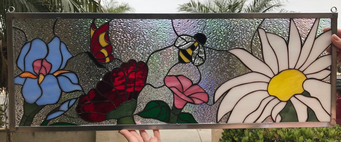 Butterfly Bee Flowers Stained Glass Window Panel Transom - Stained ...