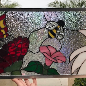 Butterfly Bee Flowers Stained Glass Window Panel Transom - Stained Glass Bee Butterfly Clear Textured Glass Art - Customizable Item#6773