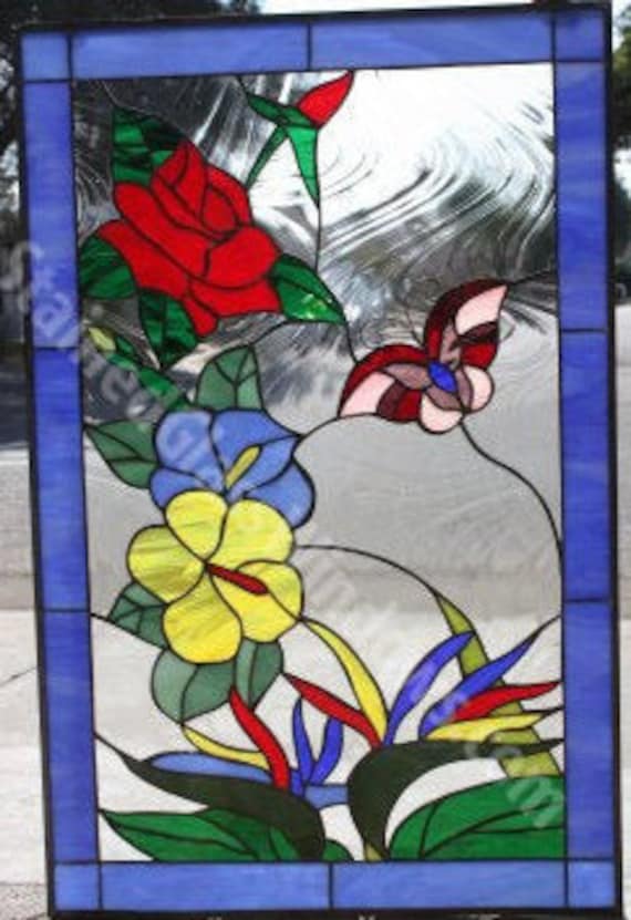 Butterfly Flowers Roses Stained Glass Window Panel Red Etsy