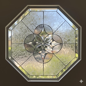 Octagon Beveled Clear Stained Glass Window Panel, Hangings - Hermosa Leaded Glass Abstract Geometric Circles Art - Customizable Item #13260