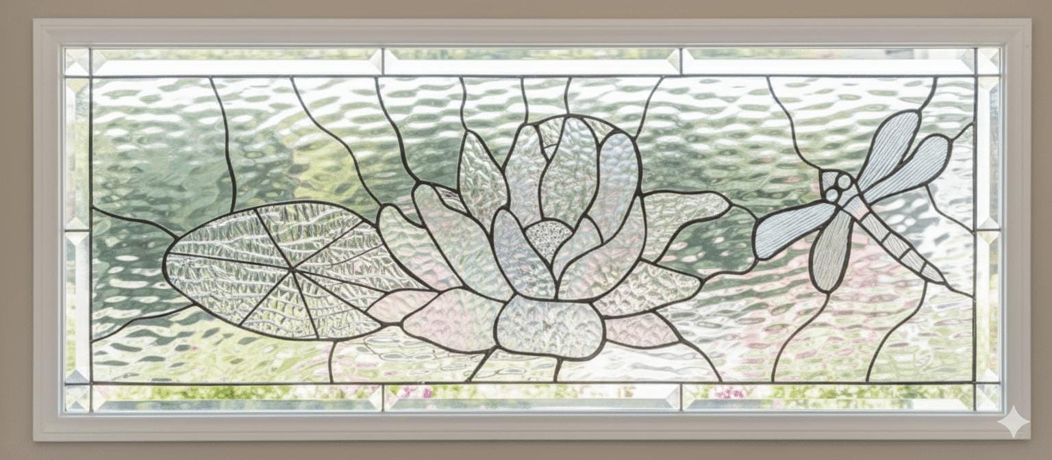 Lotus Leaded Stained Glass Window Panel With Dragonfly, Lily Pad