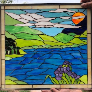 Serenity Iris Lake Stained Glass Window Panel Hangings - Nature Scenery Mountain Sun - Personalized Gift - Customizable Item#187