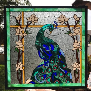 Peacock & Magnolia Flowers Stained Glass Window Panel, Hangings - Stained Glass Peacock Art With Flowers Feathers - Customizable Item #10014