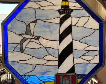 Lighthouse. Ocean & Seagull Stained Glass Octagon Window Panel