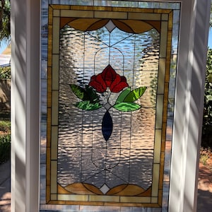 Victorian Rose Stained Glass Window - Insulated and Pre-installed in Vinyl Frame - Clear Textured Stained Glass Rose Customizable Item #6685