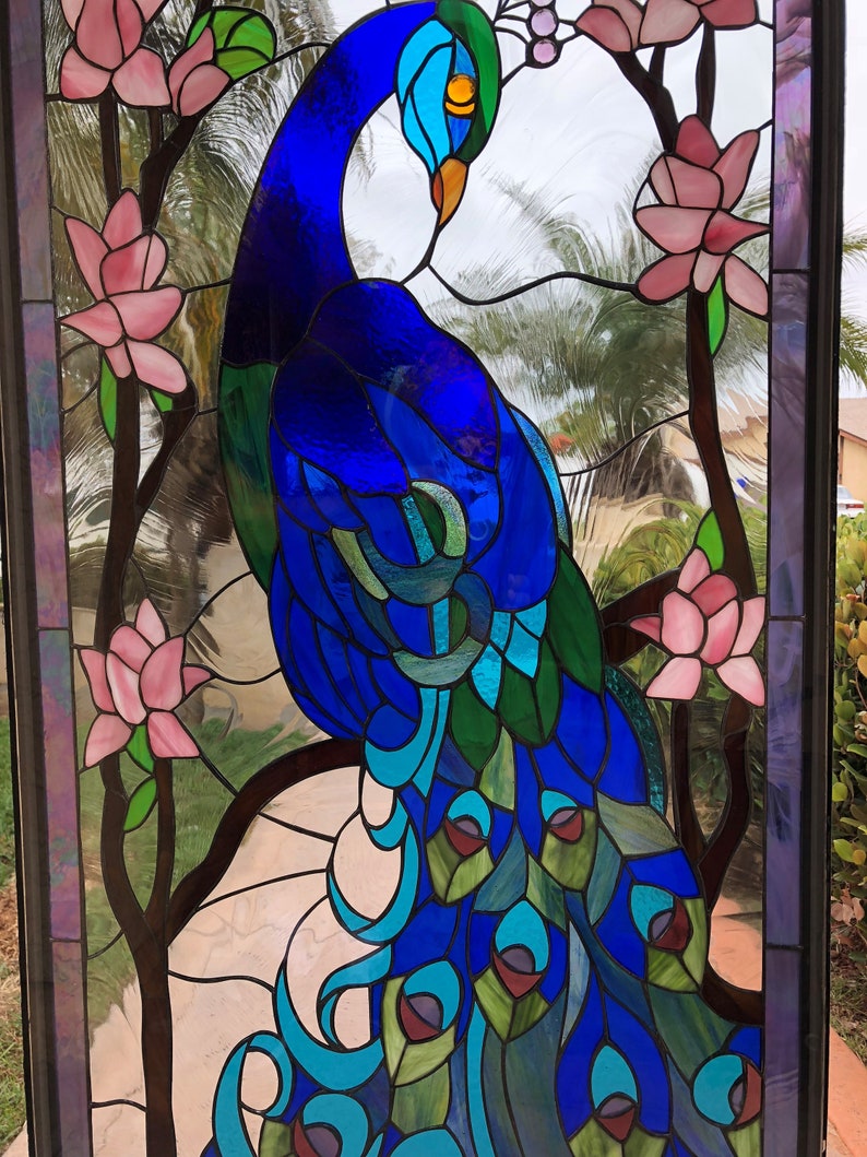 Colorful Peacock Stained Glass Window Panel Hangings Stain Etsy