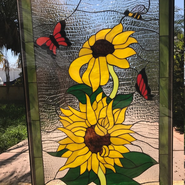 Sunflower , bumblebee, and butterfly Window Panel - Stained Glass - Decorative Art Glass or Sun Catcher - Customizable Item #537
