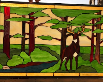 Deer Stained Glass Panel, Window, Hangings - Forest, Buck, Stag, Horns - Custom Made Item#13784