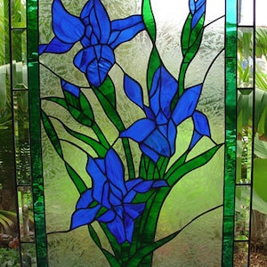 Iris Stained Glass Panel, Hangings - Iris Flower Art Glass Window - Blue Purple Blossom - Custom Made Item #976