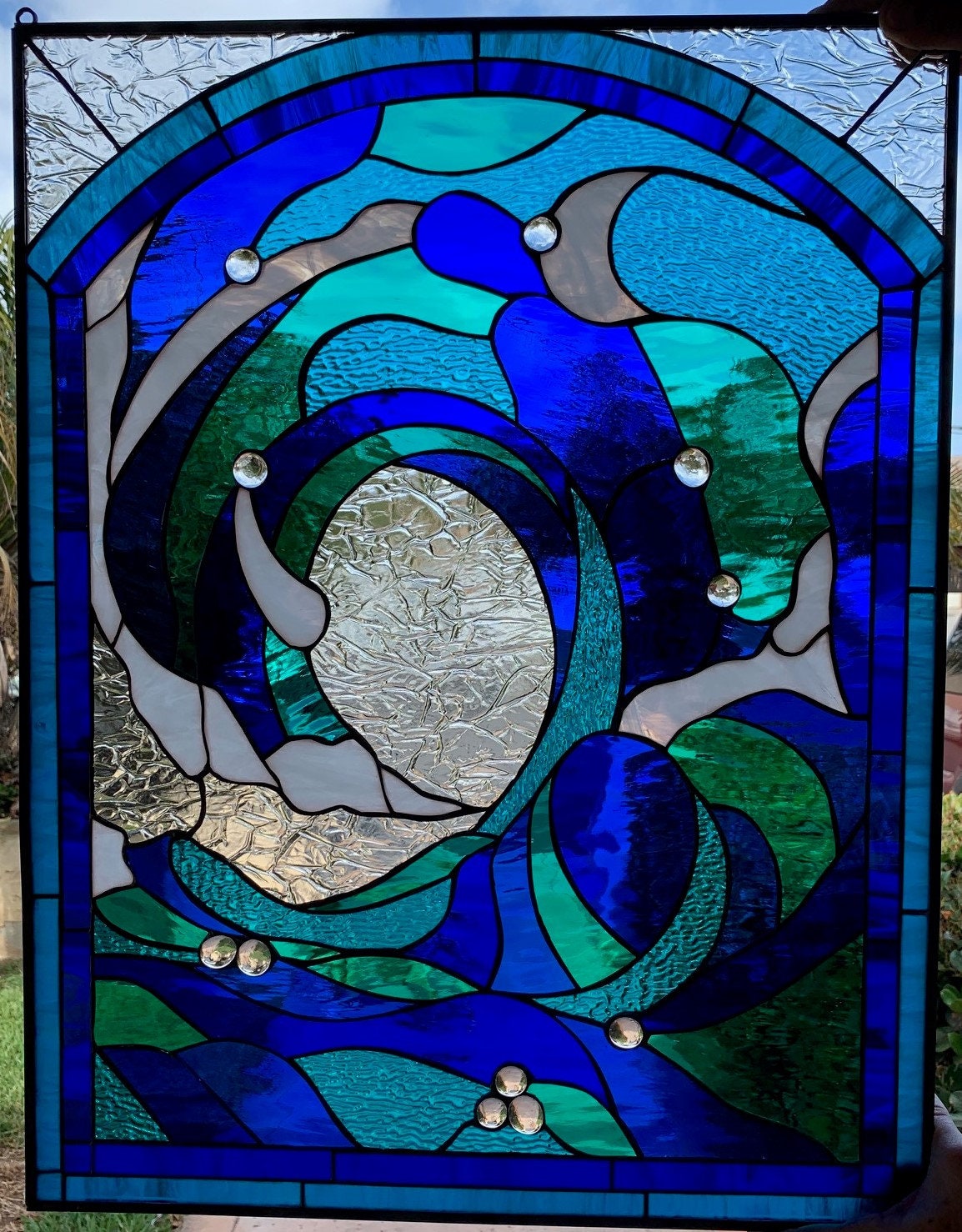 Cresting Wave #2 Leaded Stained Glass Window Panel, Cabinet Insert