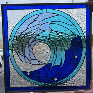 Cresting Wave Stained Glass Window Panel, Hangings #3 - Ocean Wave Blue and White - Sea Waves Stained Glass - Customizable Item #7381