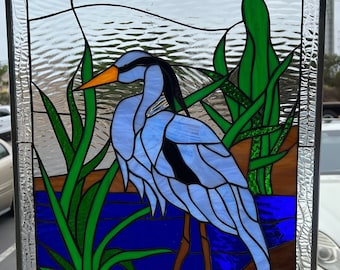 The Great Blue Heron  Leaded Stained Glass Window Panel, Hangings - Clear Glass Art Decor - Water Effect Modern - Customizable Item