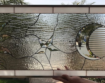 Custom Sun and Moon Stained Glass | Celestial Transom Window | Clear Star Panel #12854