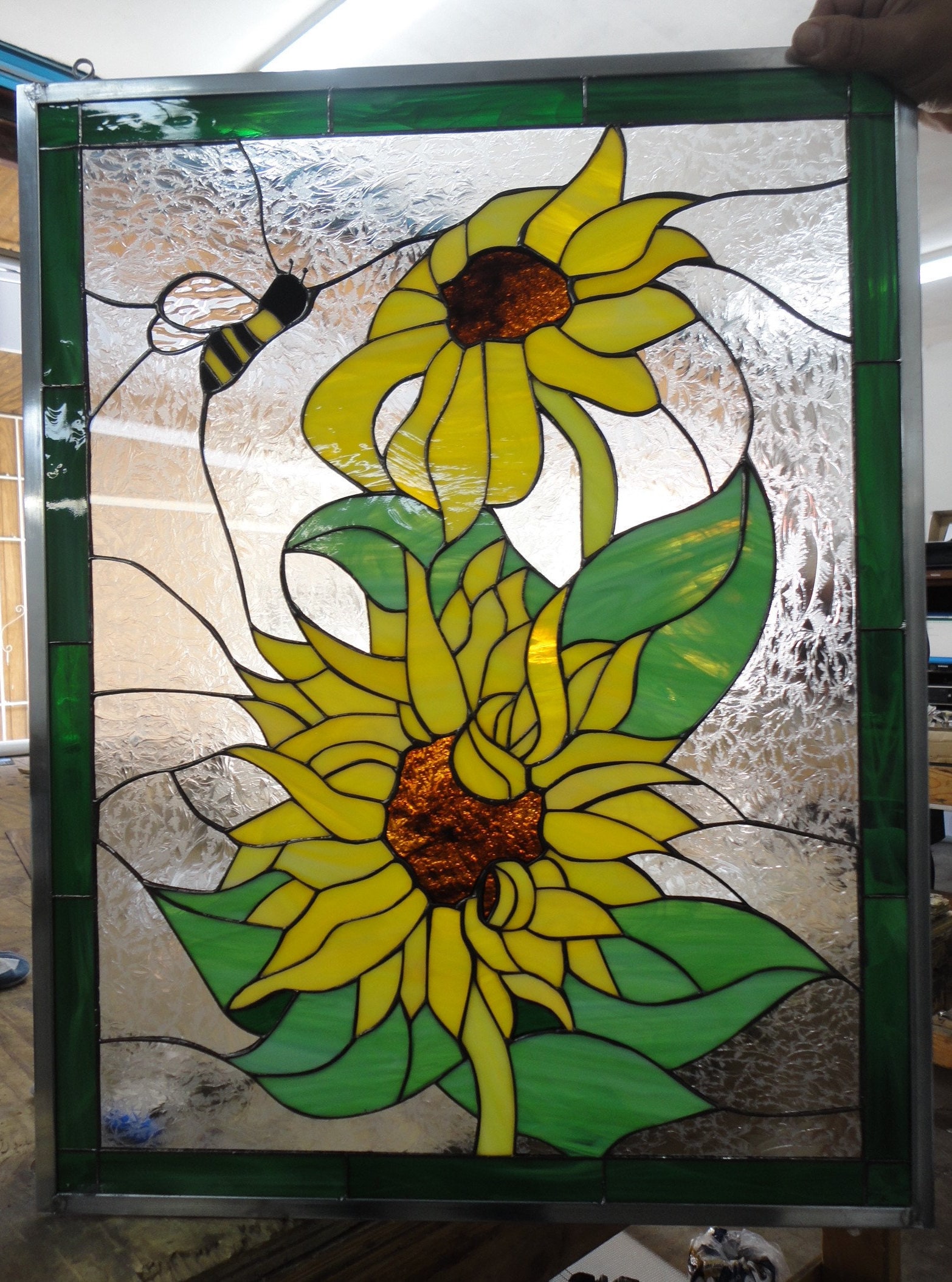 Sunflower Bumble Bee Stained Glass Window Panel Vibrant Etsy