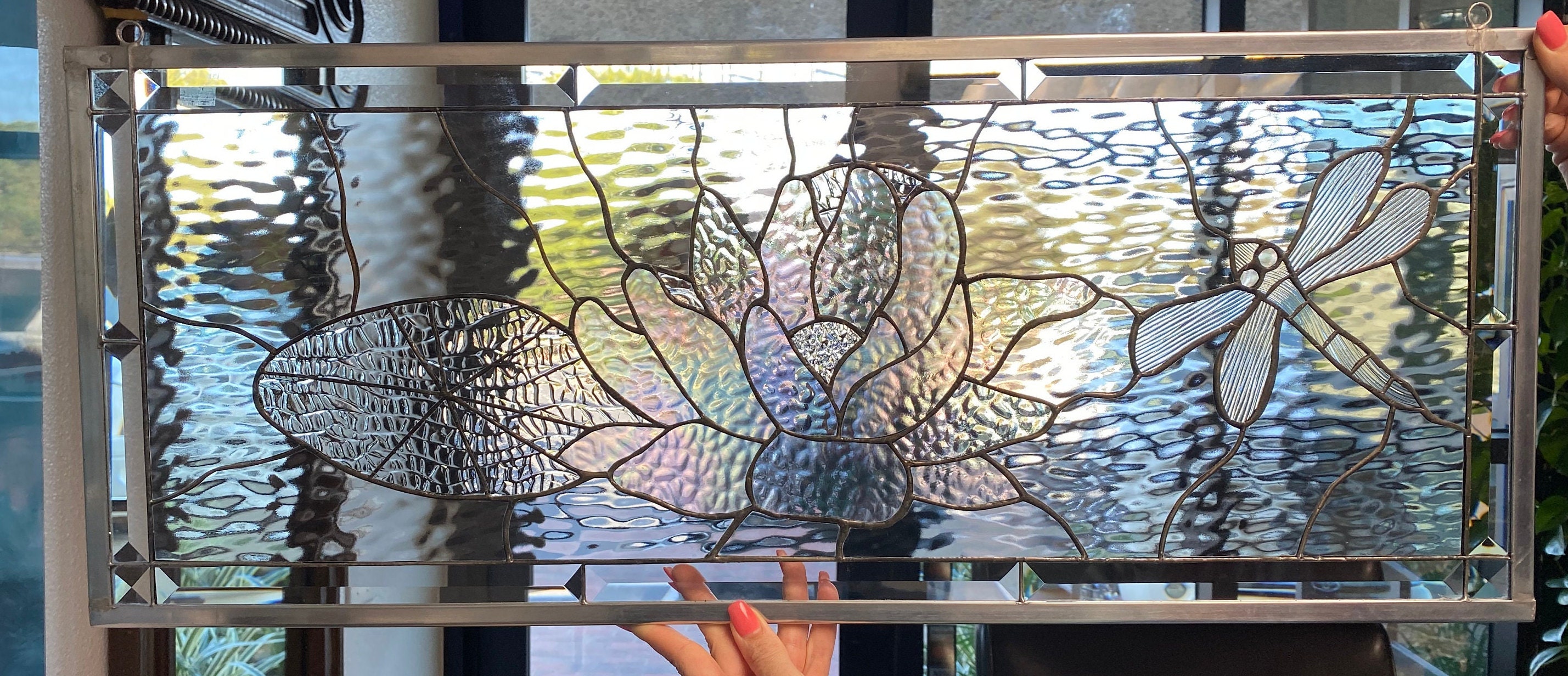 Lotus Leaded Stained Glass Window Panel With Dragonfly, Lily Pad