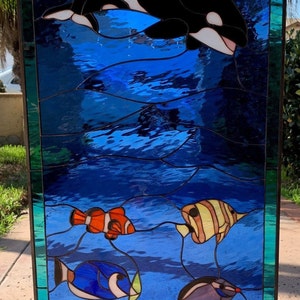 Whale Stained Glass Window Panel - Orca, Clownfish, Triggerfish Stained Art Glass Black Whale Under Sealife - Customizable Item #7050