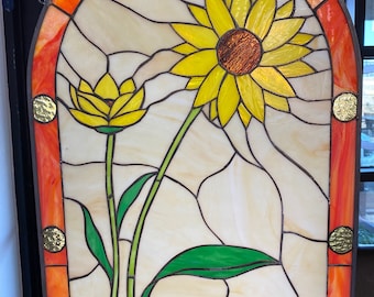 Arched Leaded Stained Glass Sunflower Window Panel The Etsy