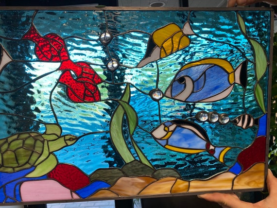 Sealife Stained Glass Window, Panel, Hangings Turtle Fish Coral Ocean This  is a Customizable Item -  Canada