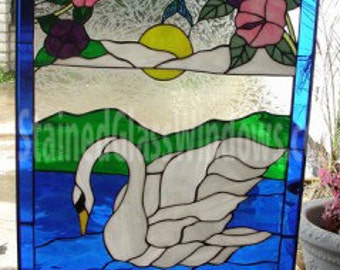 Swan Stained Glass Window Panel, Hangings - Hummingbird with Flowers - White Swan, Lake - Customizable Item #611