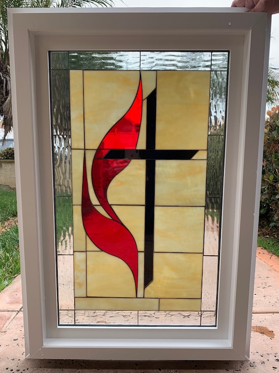 【Pastoral Window 】lithograph直筆サインEdition Beautiful Methodist Cross Stained Glass Window Panel - for Church