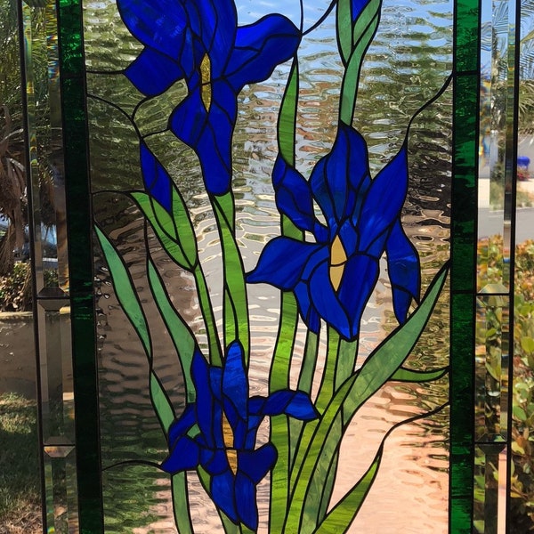 Stained Glass Iris Panel, Window, Hangings - Iris Glass Art, Flower Gift, Suncather - Customizable Item #15967