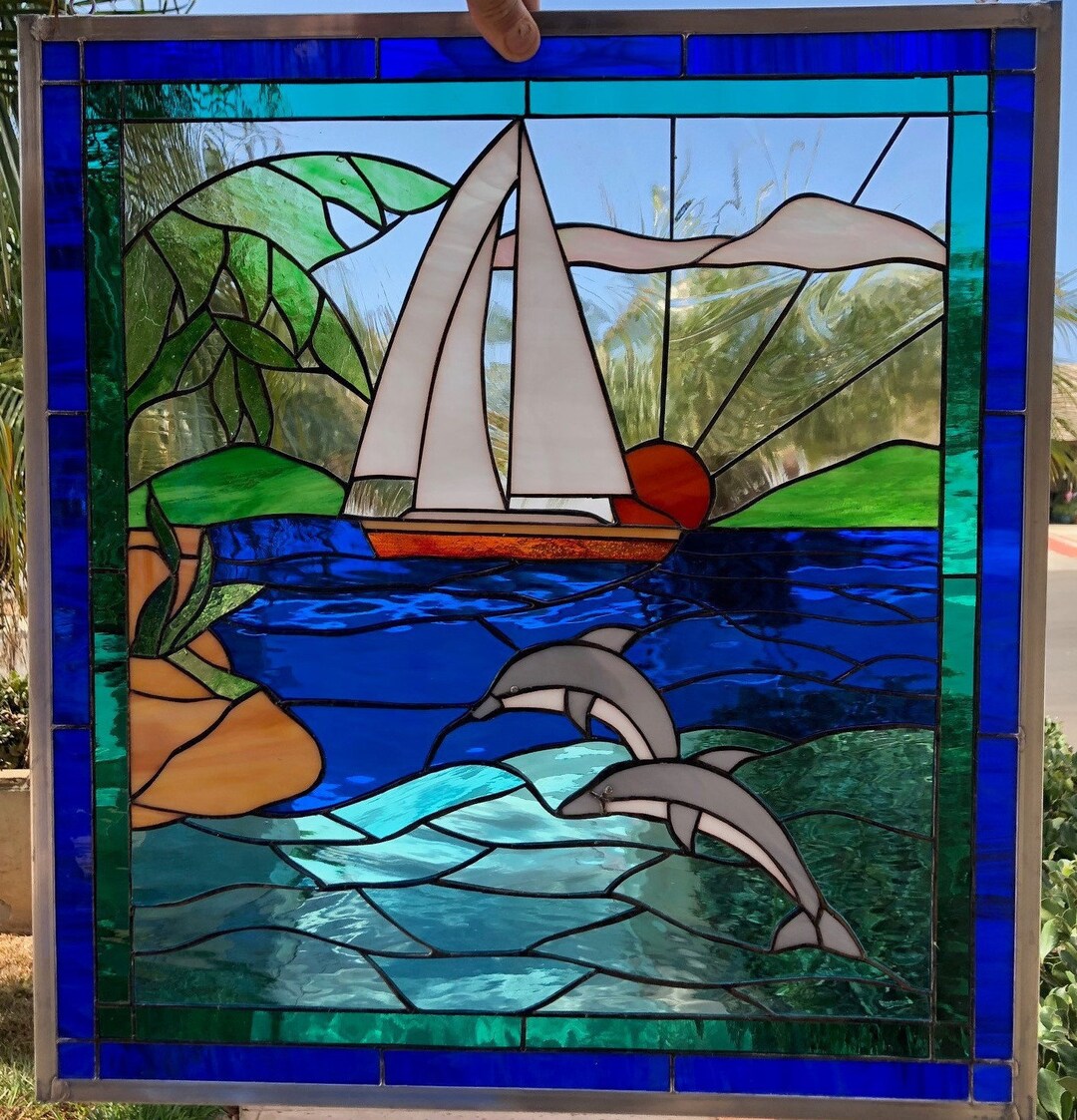 Dolphins & Sailboat Stained Glass Window Panel - Lake Two Dolphins