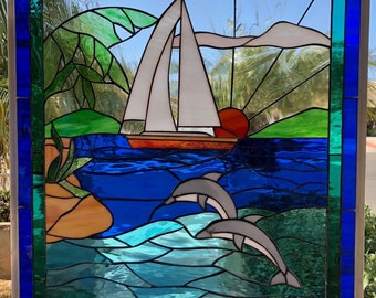 Dolphins & Sailboat Stained Glass Window Panel - Lake Two Dolphins Jump Sunrise Ocean Wave Stain Glass Art Decor - Customizable Item #4486