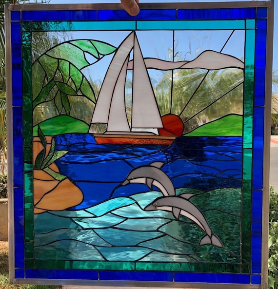 Dolphins & Sailboat Stained Glass Window Panel - Lake Two Dolphins