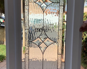 Stained & Beveled Glass Window - Vinyl Framed Insulated, Mountain View Clear Textured  Diamonds Geometric Design - Customizable Item#15956