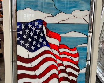 American Flag Stained Glass Window With Frame - Insulated Pre-Installed White Vinyl Frame - Tempered glass- Custom Made Item