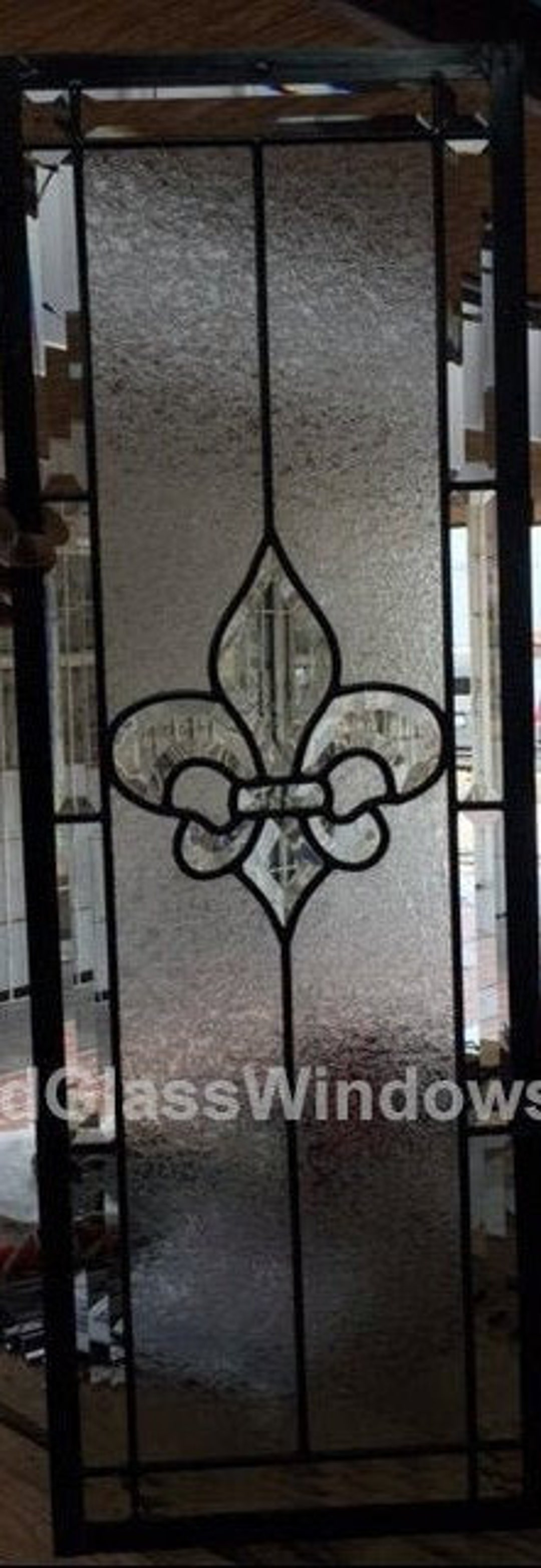 Fleur De Lis Beveled Stained Glass Window Panel, Insert Clear Glass Art Entryway, Door