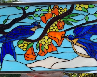 Stained Glass Window Panel Hanging featuring Flying Bluebirds, Blossoms & Cherry Fruits - Customizable Item #15977