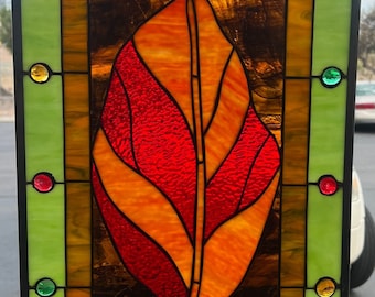 Vibrant Autumn Oak Leaf & Acorn Stained Glass Window Panel Stain Glass Art Decor - Customizable Item #1259