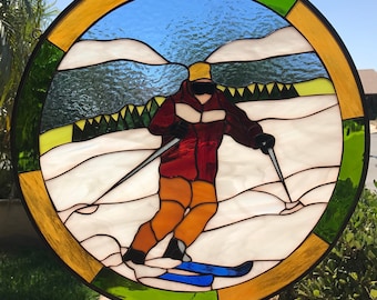 Snow Skier Leaded Stained Glass Window Panel, Gift Hangings, Sport, Snow, Ice, Ski, Mountains, Circle, Round, Skiing -Customizable Item#1589