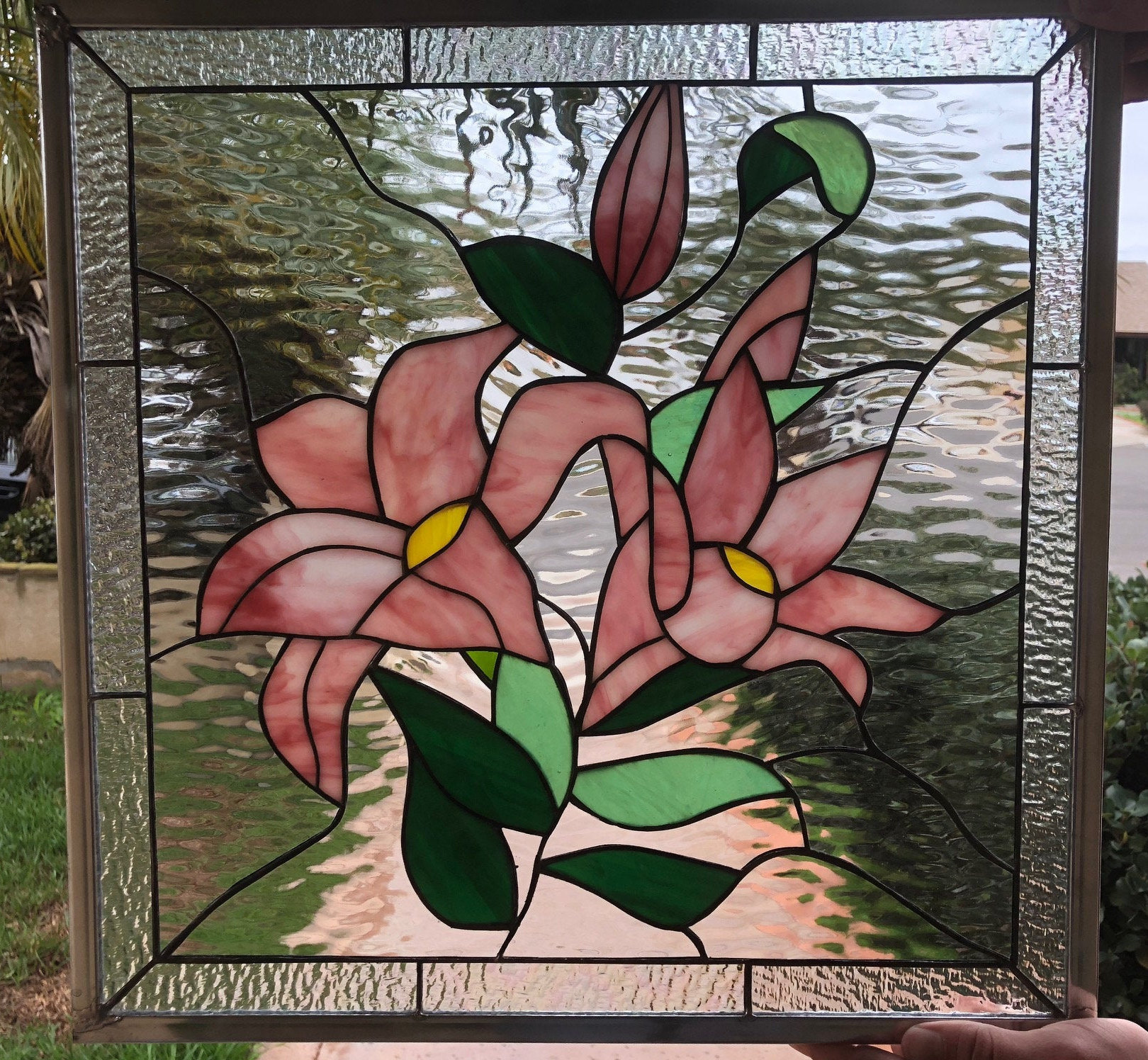 Gorgeous Pink Stargazer Lily Flower Stained Glass Window Panel
