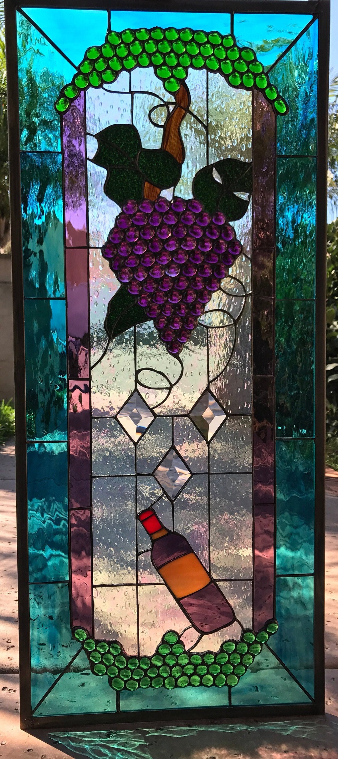 Grapes & Wine Stained Glass Window Panel Cabinet Insert - Bottle Clear ...