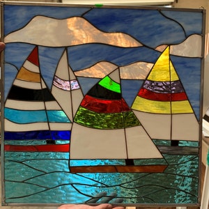 Sailboat Race Stained Glass Window Panel, Hangings - Sea Beach Boats Yacht Leaded Stained Glass Art Decor - Customizable Item #7127