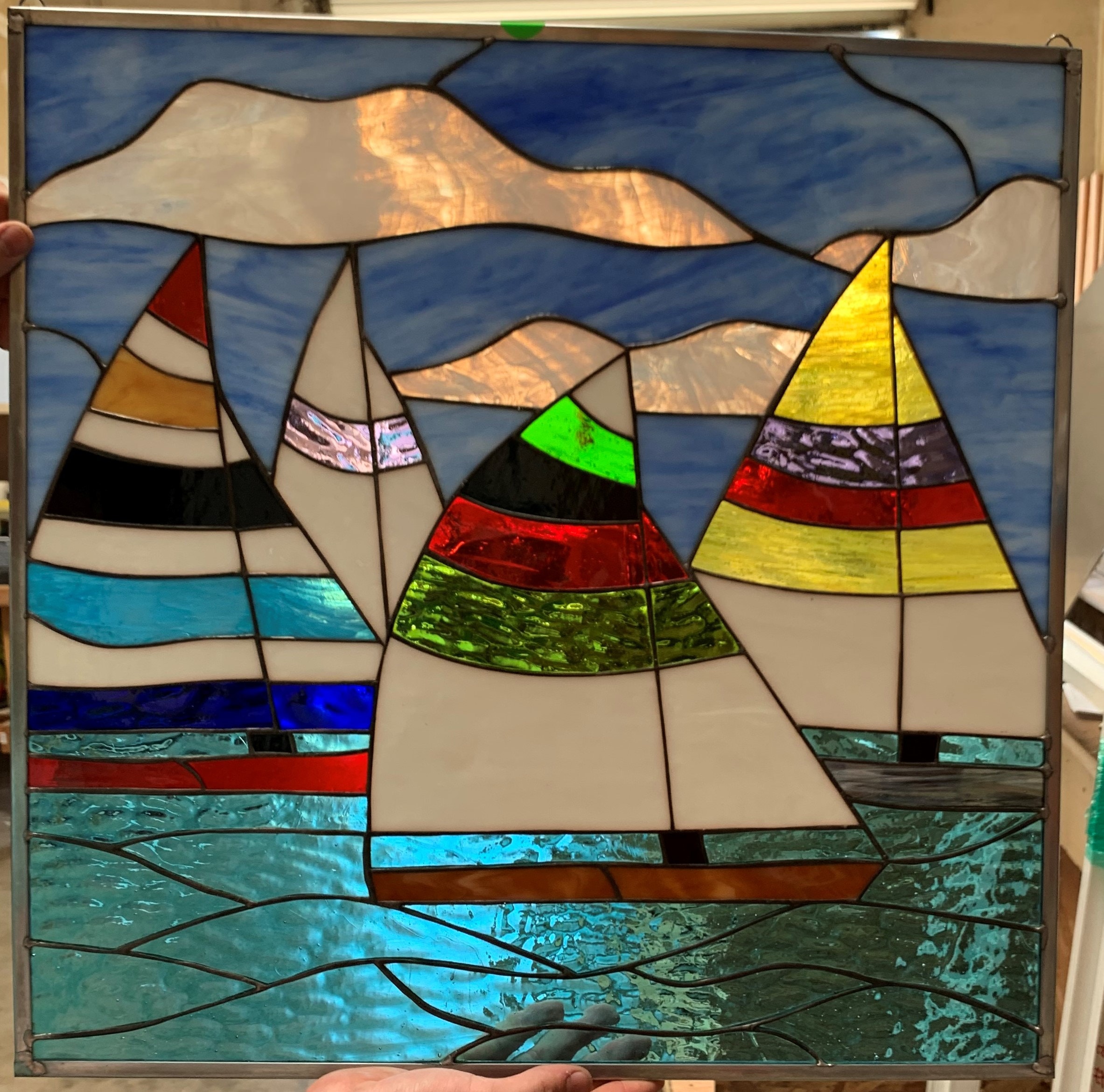 Sailboat Race Stained Glass Window Panel, Hangings Sea Beach