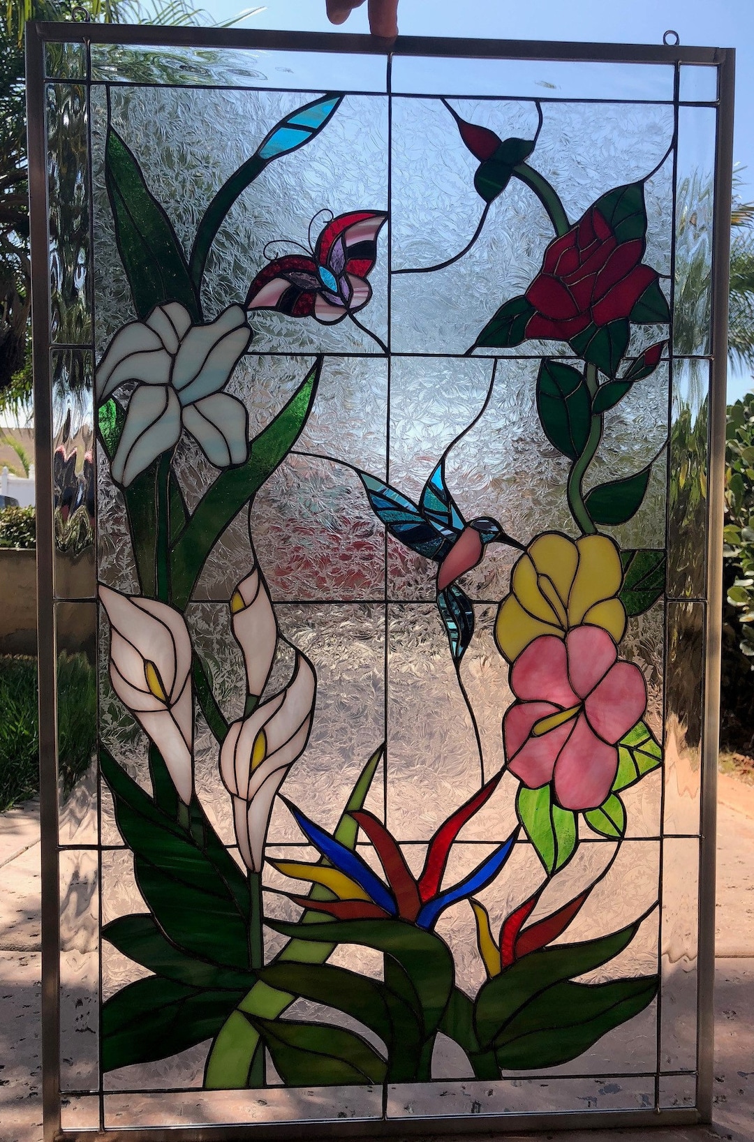Elegant Hummingbird, Butterfly & Flowers Stained Glass Windows Panels