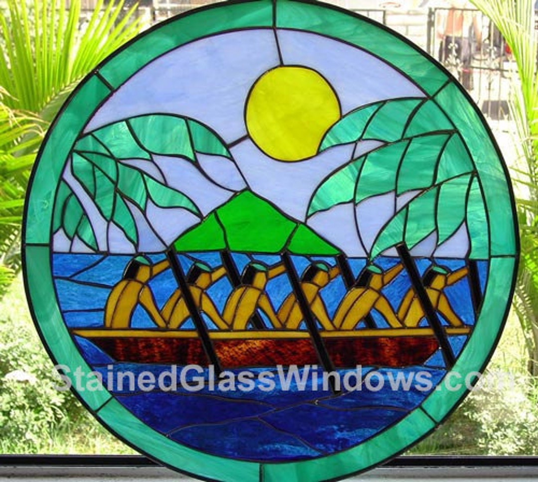 Hawainn Pattern Window Hawaiian Paddlers Stained Glass Window Panel Insert Transom - Aloha ...