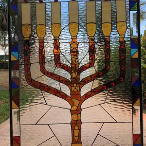 Menorah Stained Glass Window Panel Hangings -Clear Glass Seven Lamp Ancient Lampstand Temple Religious Church Stain Customizable Item #14679
