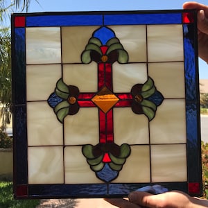 Colorful Gothic Cross Window Panel -  Colorful Gothic Cross Stain Glass -  Colorful Gothic Cross Design - Customizable Item #6703