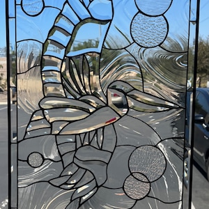 Pelican Stained Glass Window Panel - Clear Textured Beveled Stained Glass Hangings - Bird Art Decor - Custom Made Item #9289